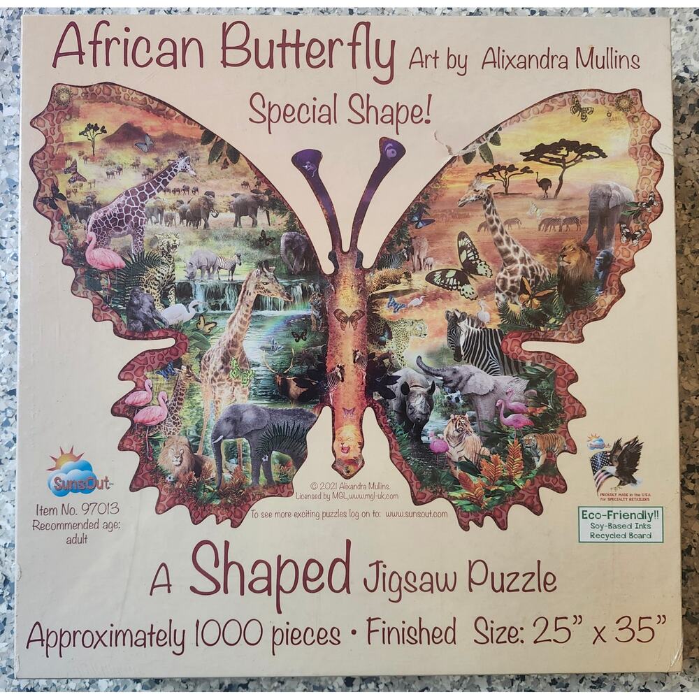 SunsOut African Butterfly 1000 Piece Shaped Jigsaw Puzzle NEW Sealed